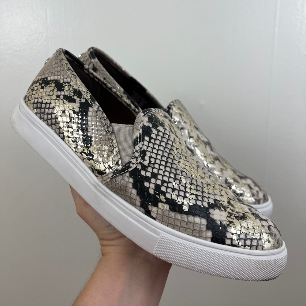 Steve Madden Safary Snake Skin Print Platform Sneaker Size 9 Silver Gold Tone